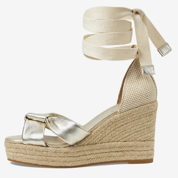 NWT Cole Haan Cloudfeel Hampton ankle tie espadrille wedge sandal in Gold - Picture 2 of 13